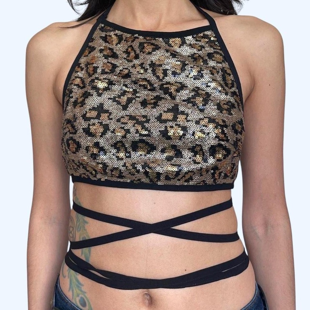 Hearts Rob Black & Gold Leopard Sequin Halter 🐆